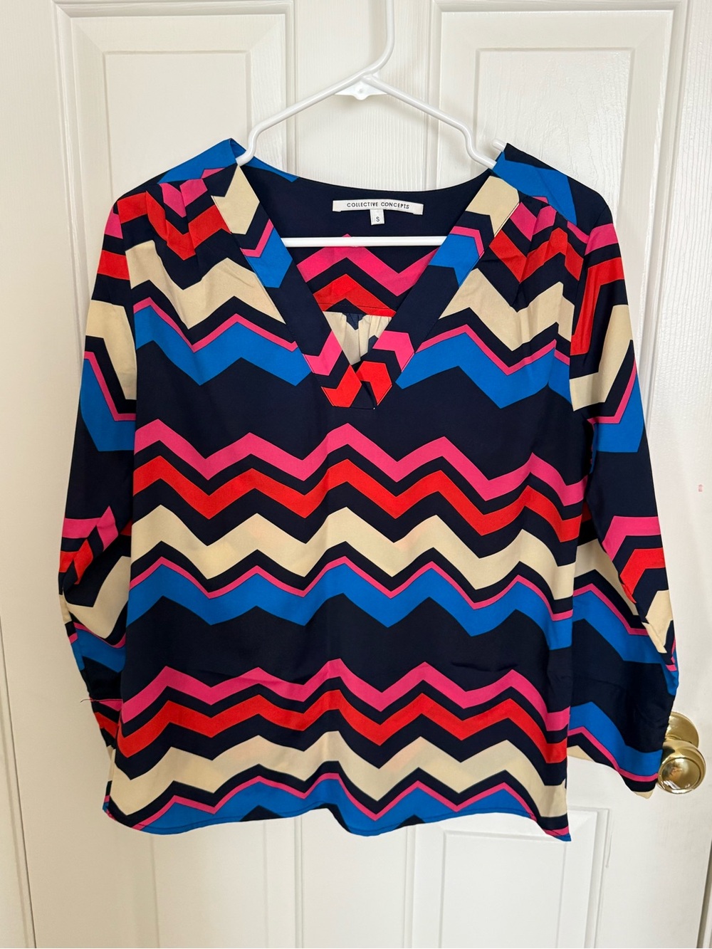 Collective Concepts Navy Chevron V-Neck Blouse in Pink, Red, Blue, Cream